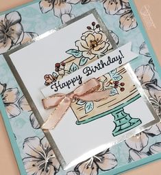 a handmade birthday card with flowers and a cake on the front, which reads happy birthday