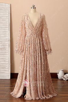 Champagne V-neck Gown With Sequins, Mother Of Bride Dresses Plus Size, Gold Long Sleeve Sequin Prom Dress, Plus Wedding Dresses, Mother Dresses, Second Wedding, Plus Size Gowns, Plus Size Prom, Prom Dresses Modest