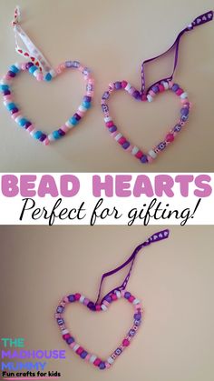 two hearts made out of beads with the words bead hearts perfect for gifting