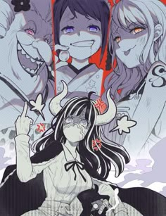 an anime character with long hair and two other characters behind her