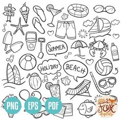 beach doodle clip art with the words summer and other things in black and white