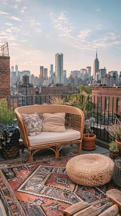 an outdoor patio with wicker furniture and rugs