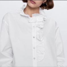 New With Tag Elegant Ruffled Button-up Shirt, Elegant Button-up Ruffled Tops, Elegant Ruffled Button-up Tops, Elegant Button-up Tops With Ruffles, Elegant Collared Shirt With Ruffles, Formal Ruffled Button-up Shirt, Elegant Ruffled Shirt For Spring, White Ruffled Button-up Shirt, Chic Collared Shirt With Ruffles