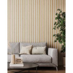 a couch and table in front of a wall with vertical blinds on the walls behind it