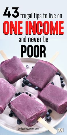 three popsicles on a plate with blueberries and ice cream in the middle that says, 43 frugal tips to live on one income and never be poor