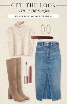 Casual Outfit For Thanksgiving, Outfit Ideas For Holidays, Lunch Fall Outfit, Denim Skirt Outfit Fall 2024, Lauren Kay Sims Outfit, Megan Markle Fashion, Oyster Roast Outfit Fall, Cabi Outfits Ideas Daily Look, Winter Denim Dress Outfit