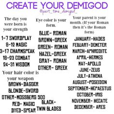 a poster with the words create your demongod on it in purple and black