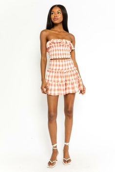 Fitted Plaid Mini Skirt For Spring, Fitted Gingham Mini Skirt For Summer, Chic Plaid Mini Skirt For Summer, Gingham Mini Dress With Ruffles, Spring Gingham Mini Skirt, Casual Gingham Mini Skirt For Summer, Plaid Cotton Mini Skirt, Fitted Gingham Mini Skirt Casual, Spring Gingham Mini Dress