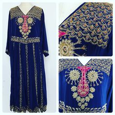 Vintage dress 1970's Fancy Hand embroidered cobalt blue and gold. Would fit a Modern Medium but please see the measurements and compare to yours. Boho chic. Spring Brides maid? Ethnic style so perhaps an Indian or Afghani piece.  Bust 36", waist 36", hips very full, 3/4 sleeve length 16", length 44". This unlined dress fits so beautifully and the material is soft and silky, no maker or fabric tags. It is in Very good condition. I am listing a lot of Vintage 1940-80's clothing the next couple of Blue Festive Kaftan With Dabka, Blue Bollywood Kaftan With Resham Embroidery, Bollywood Style Blue Kaftan With Resham Embroidery, Blue Dabka Kaftan For Festive Occasions, Festive Blue Dabka Kaftan, Gold Embroidered Dress For Eid, Blue Dabka Work Kaftan For Festivals, Eid Anarkali Blue Kaftan, Blue Anarkali Kaftan For Eid