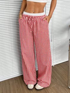 Casual Plaid Wide Leg Pants With Double High Waist Red Casual   Woven Fabric Plaid Straight Leg Non-Stretch  Women Clothing, size features are:Bust: ,Length: ,Sleeve Length: Red Checkered Pants, Disney Fits, High Waist Wide Leg Pants, Wide Trousers, Estilo Chic, Junior Year, Red Pants, Plus Size Pants, Pantalon Large