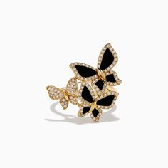 Effy Nature 14K Yellow Gold Onyx and Diamond Multi Butterfly Ring Luxury Yellow Gold Butterfly Ring, Effy Butterfly Ring, Luxury Butterfly Ring For Formal Occasions, Luxury Black Enamel Jewelry, Luxury Black Enamel Black Jewelry, Black Luxury Evening Jewelry, Luxury 14k Gold Jewelry With Black Enamel, Fine Jewelry Black 14k Gold Ring, Black 14k Gold Ring Fine Jewelry