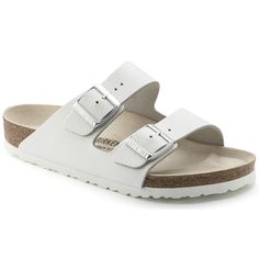 Arizona Natural Leather White | shop online at BIRKENSTOCK Birkenstock White, White Birkenstocks, Two Strap Sandals, Colored Sandals, Trending Sandals, Calf Muscles, Stylish Sandals, Katie Holmes, White Sandals