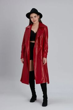 Red Long Sleeve Leather Jacket For Winter, Red Leather Jacket With Long Sleeves For Winter, Red Leather Jacket For Winter, Fitted Double-breasted Winter Leather Jacket, Fitted Red Long Pea Coat, Red Single-breasted Leather Outerwear, Red Leather Winter Outerwear, Red Fitted Long Coat, Red Leather Long Coat