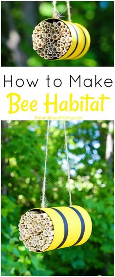 how to make bee habitat hanging from a wire with bees on it and text overlay that reads, how to make bee habitat