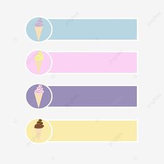 three different colored banners with an ice cream cone and two scoops of ice cream