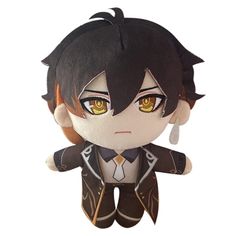 an anime character plush toy with yellow eyes and brown hair, wearing a black suit