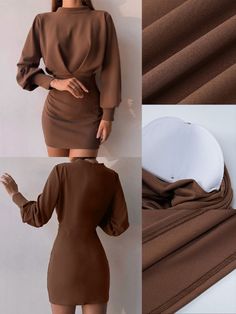 Long Sleeve Fall Winter Fashion Streetwear Brown Bodycon Long Sleeve Dresses, Brown Stretch Bodycon Dress With Long Sleeves, Fitted Brown Long Sleeve Mini Dress, Non-stretch Brown Winter Dress, Non-stretch Solid Mini Dress For Winter, Winter Fitted Brown Bodycon Dress, Winter Brown Stretch Bodycon Dress, Brown Stretch Bodycon Dress For Winter, Brown Solid Color Winter Dress