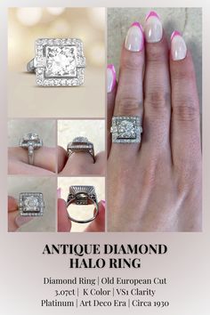 ANTIQUE DIAMOND HALO RING Vintage Diamond Earrings, Asscher Cut Ring, Fancy Diamond Ring, Kunzite Ring, Estate Diamond Jewelry, Rose Cut Ring, Designer Diamond Jewellery, Colored Diamond Rings, Cushion Cut Ring