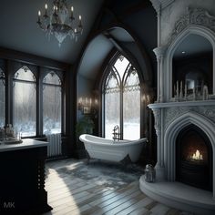 a bathroom with a fireplace, tub and chandelier in the middle of it