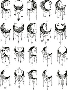 the moon and crescents are drawn in black ink on white paper, with beads hanging from