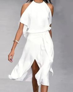 Lasaky - Casual Belted Thigh Slit Off Shoulder Dress Women's A Line Dresses, Casual Belt, Mode Design, Long Summer Dresses, Vestido Casual, White Midi Dress, Sierra Leone, Types Of Dresses, Seychelles