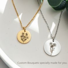 Combined Birth Month Flower bouquet necklace, Birth Flower Jewelry, Flower Necklace Gift, Mom Necklace, Mothers Day Necklace, Stepmom gift BIRTH FLOWER NECKLACE: Flowers that will last forever. Our bouquets are not premade, they are custom made specially for you. Up to 7-8 flowers for each pendant. For more than 5 flowers we recommend to get the 20mm disc but they still look good on 16mm ones. Disc Size: 16mm and 20mm Chain length: 40cm, 45cm, 50cm Our pieces are high polished gold plated over s Dainty Flower Pendant Necklace For Personalized Gift, Dainty Birth Flower Necklace For Personalized Gift, Dainty Birth Flower Necklaces For Personalized Gifts, Personalized Dainty Flower-shaped Necklace, Personalized Dainty Flower Shaped Necklace, Dainty Flower Shape Necklace For Personalized Gift, Birth Flower Necklace For Personalized Gift, Personalized Delicate Flower Necklace For Mom, Personalized Delicate Flower Necklace As Gift For Mom