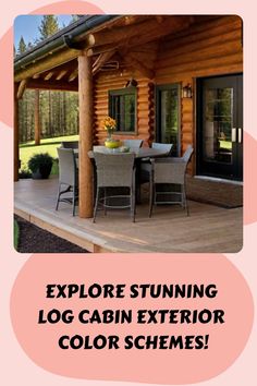 Explore stunning log cabin exterior color schemes on a cozy wooden porch with outdoor furniture. Shutters On Log Cabin, Log Cabin Driveway, Painted Cabin Exterior, Log Cabin With Black Trim, Log Cabin Front Door Colors, Log Houses Exterior, Cabins And Cottages In The Woods, Log Cabin Landscaping Ideas, Painted Log Cabin Exterior