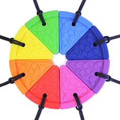 multicolored circles with black zippers are arranged in a circle