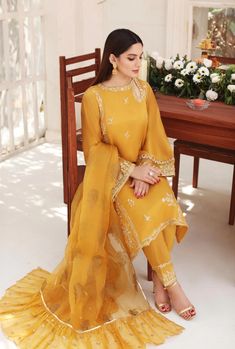 Mustard Yellow Formal ( with yellow dupatta ) | Aghanoor Bridal Luxury Yellow Dupatta For Eid, Yellow Raw Silk Churidar For Navratri, Elegant Yellow Kurta For Navratri, Yellow Raw Silk Kurta With Traditional Drape, Semi-stitched Gold Kurta With Naqshi, Yellow Silk Sharara With Dabka Work, Yellow Silk Salwar Kameez With Gota Work, Elegant Yellow Kurta With Gota Work, Yellow Chinon Sharara With Straight Kurta