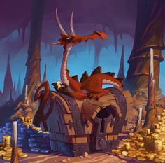 a red dragon sitting on top of a pile of gold