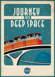 an advertisement for nasa's journey into deep space, featuring people in a boat