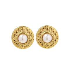 Introducing our exquisite round stud gold earrings with pearls--a perfect fusion of classic charm and contemporary elegance. These earrings are a testament to the timeless allure of pearls, set within a sleek and modern gold framework. The surface of the gold creates a radiant backdrop for the central focus: lustrous pearls that add a touch of understated luxury to the earrings. The pearls, gracefully positioned at the center of each round stud, showcase their natural beauty with a soft, shimmer Classic Round Pearl Clip-on Earrings, Classic Gold Pearl Earrings, Classic Gold Round Pearl Earrings, Classic Clip-on Pearl Drop Earrings, Classic Round Pearl Button Earrings, Classic Round Earrings With Pearl Buttons, Classic Round Clip-on Earrings With Pearl Drop, Classic Round Pearl Drop Clip-on Earrings, Timeless Gold Round Pearl Earrings