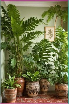 several potted plants in front of a wall with a pink frame on it and a green background