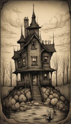 a drawing of a creepy house in the woods