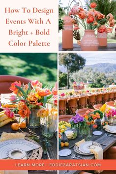 a collage of photos with flowers and vases on the table for an outdoor party