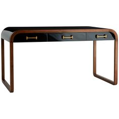 a black and gold desk with two drawers on each side, in front of a white background