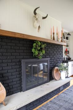 a living room with a black brick fireplace and shelves filled with potted plants on top of it