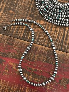 The Pecos Necklace in Blue-green Turquoise-Necklaces-Calli Co. Turquoise Accents, Necklace Collection, Green Turquoise, Silver Pearls, Blue Beads, Sterling Silver Bead, Fort Worth, Silver Beads, Fort