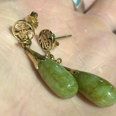 These 14k Yellow Gold Dangle Style Earrings Contain 2 Drop Shaped Cabochon Jades. Style Earrings, Earrings Color, Green Gold, Green And Gold, Jade, Jewelry Earrings, Yellow Gold, Women Jewelry, Drop Earrings