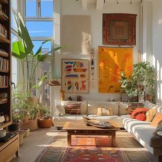 a living room filled with furniture and lots of plants on top of bookshelves