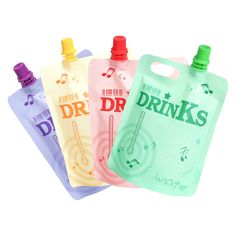 three different colored plastic drinks bottles with music notes on the front and one has a drink in it