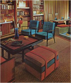 a living room filled with furniture and bookshelves