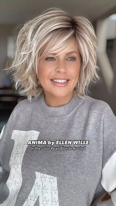 Donna Van Lier-Grieve on Instagram: "Anima by Ellen Wille Changes collection is a gorgeous shaggy bob that falls just at your chin. She is a heat friendly design with a mini lace front, monofilament crown and a wefted back and sides. I’m wearing the color Pearl Blonde Rooted one of 10 shades she’s available in.   ** Please participate in the poll at the bottom of this text.**  Featuring a shattered wave pattern and razor-cut ends this trendy, ready-to-wear style takes the classic bob to new heights.   Anima is available at Chiquel.com and Chiquel.ca. At the time of this post, she was priced at $222 USD and $316 CAD after applying my 30% discount.   Drop the word INFO into comments for a link and my discount code.  DETAILS and FEATURES ✨NAME: Anima ✨BRAND: Ellen Wille ✨COLOR: Pearl Blonde R Between Chin And Shoulder Length Hair, Chin Length Hair With Layers Over 40, Chin Length Wavy Hair With Layers, Women’s Chin Length Hairstyles, Jane Fonda Klute Haircut, Pearl Blonde, Platinum Blonde Highlights, Thick Hair Cuts, Shaggy Bob