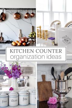 the kitchen counter is organized with pots, pans and utensils