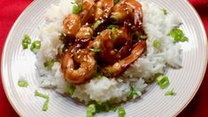 a blue plate topped with rice and meat covered in gravy on top of a table