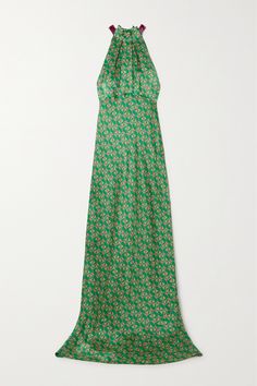 Saloni's collections come alive with vibrant, colorful prints. Cut from hammered silk-satin, this 'Michelle' maxi dress is patterned with repeating reeds against a verdant emerald-green base and falls in a figure-skimming shape. Match your shoes to the purple velvet ties. Uzun Boy, Designer Hair Accessories, Checkered Dress, Velvet Trim, Detailed Design, Satin Maxi, Travel Wardrobe, Satin Maxi Dress, Maxi Dress Green