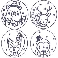 four christmas badges with animals and snowflakes in the middle one has an antler,