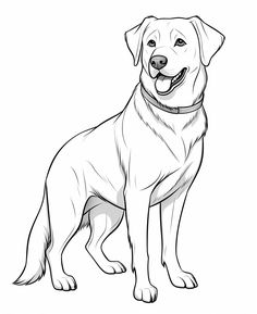 a black and white drawing of a dog with his tongue hanging out, looking at the camera