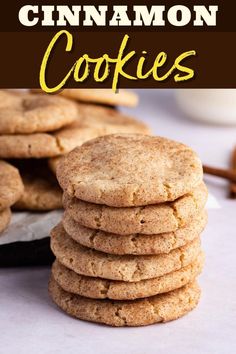 cookies stacked on top of each other with cinnamon in the background and text overlay