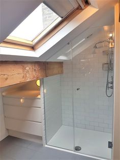 a bathroom with a skylight and a walk in shower